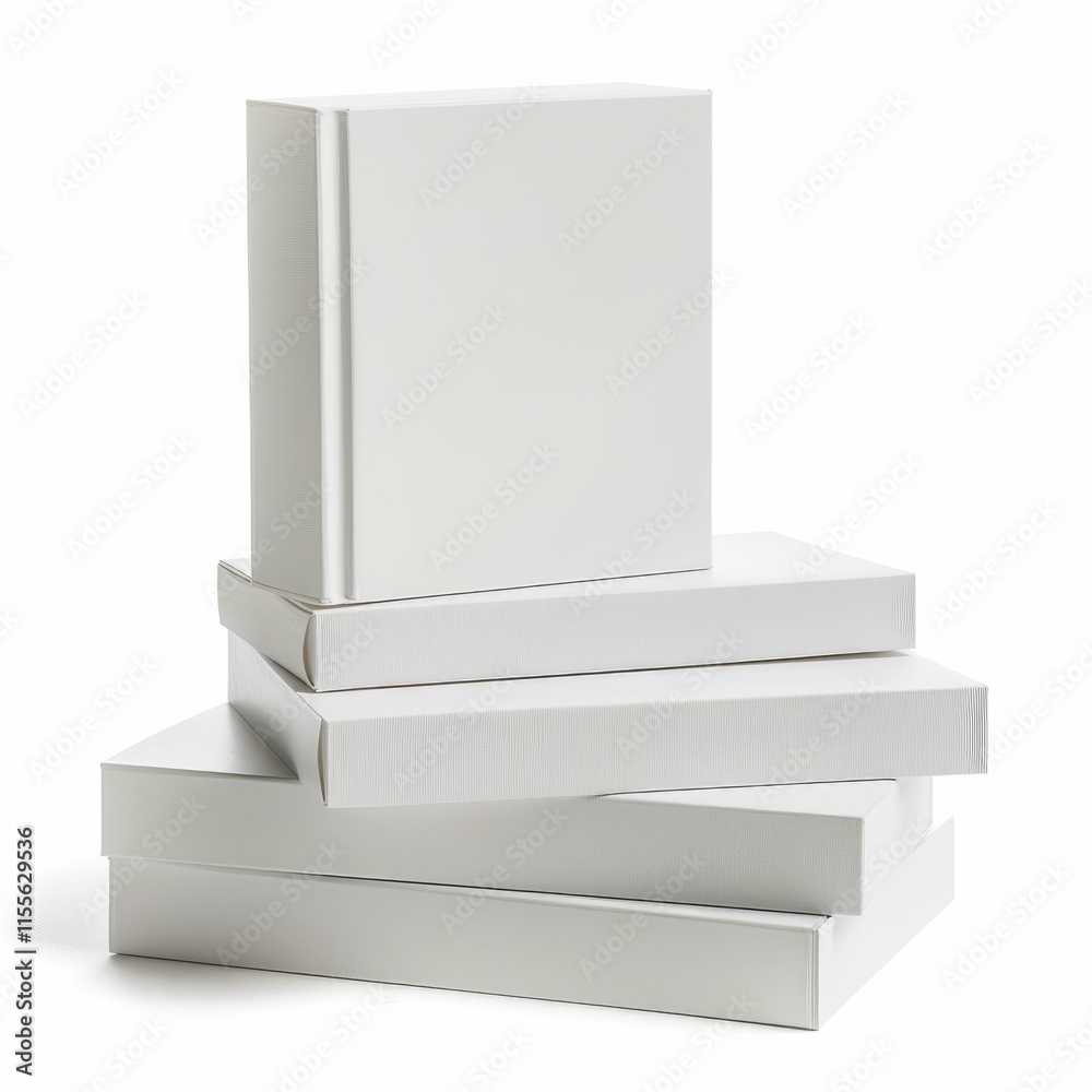 Four closed white cardboard boxes stacked, creating a clean and modern aesthetic against a white backdrop Four closed white cardboard boxes stacked, creating a clean and modern aesthetic against a white backdrop
