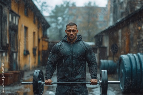 Weightlifter training in rainy outdoor gym environment enhancing physical str...