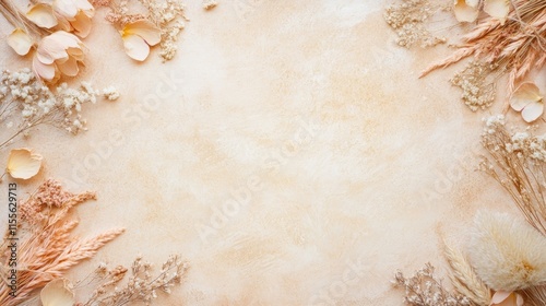 Beige background with dried flowers and petals border.