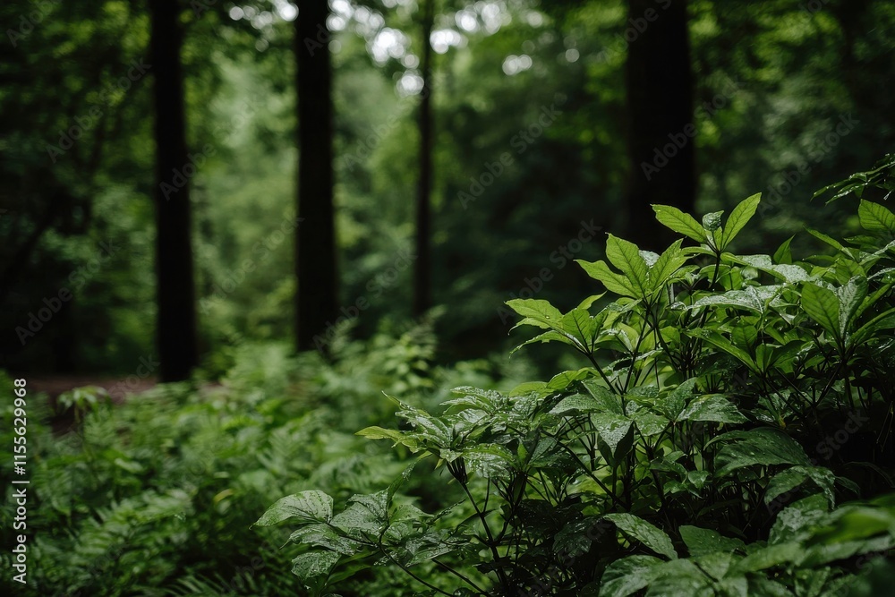 Lush green foliage in a dense forest setting, showcasing vibrant leaves and tall trees in a tranquil, natural environment. Lush green foliage in a dense forest setting, showcasing vibrant leaves and tall trees in a tranquil, natural environment.