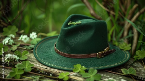  A leprechaun hat and small gold coins on a wooden bench in a garden