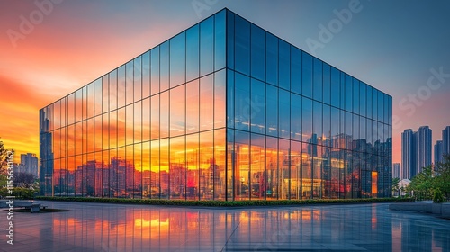 Stunning sunset view of New York City skyline from modern high-rise interior