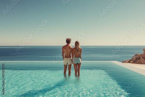 Couple enjoying a serene moment by the ocean at a tropical vacation spot