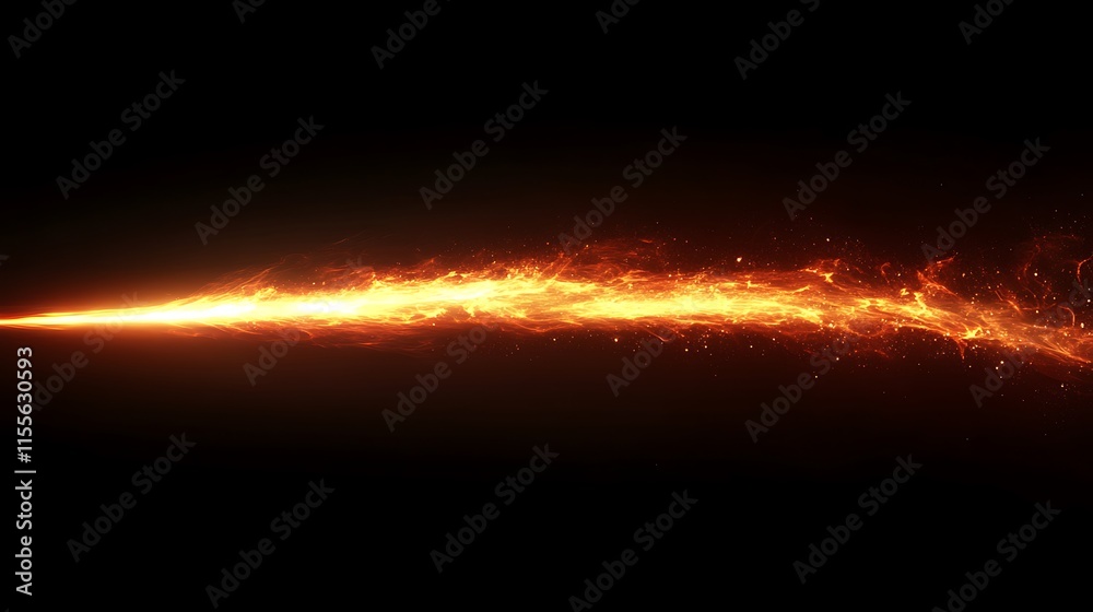 A dynamic trail of fire sweeping across the blackness in a streak of light and heat