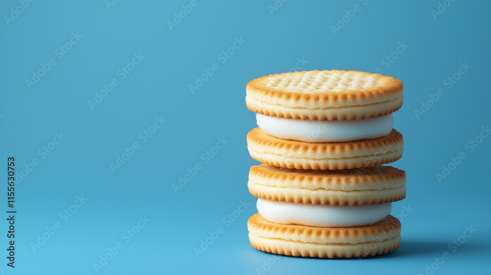 Sandwich cookies vanilla cream filled biscuits , stuffed with milk cream , on blue background 