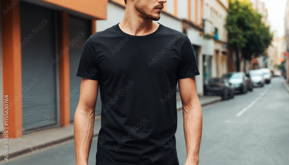 Fototapeta premium Young Model Shirt Mockup, Boy wearing black t-shirt on street in daylight