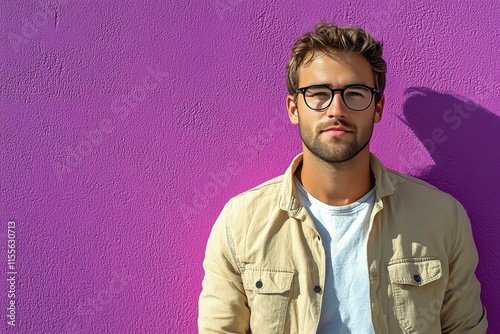 Man stands confidently against vibrant pink wall in urban setting during dayl...