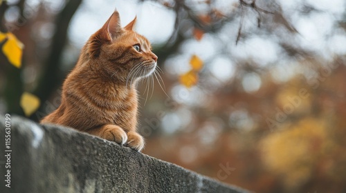 Orange cat sitting on a rock looking into the distance by the coast during a ...