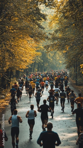Thousands of runners participate in a vibrant autumn marathon along a wooded ...