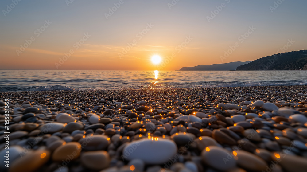Sunset over a tranquil beach with pebbles reflecting light along the shoreline in a peaceful coastal setting Sunset over a tranquil beach with pebbles reflecting light along the shoreline in a peaceful coastal setting