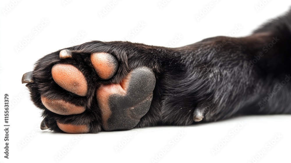 Close-up of a black dog's paw with visible pads and claws against a white background. Close-up of a black dog's paw with visible pads and claws against a white background.
