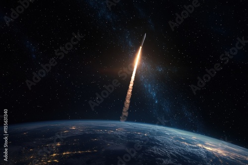 A rocket ascends into space, leaving a bright trail as it heads away from Earth, surrounded by stars and the vastness of the universe.
