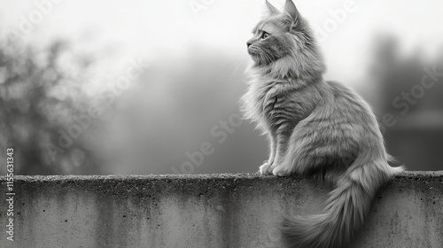 Orange cat sitting on a rock looking into the distance by the coast during a ...
