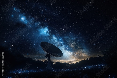 A stunning night sky filled with stars and the Milky Way, featuring a large satellite dish silhouetted against the cosmic backdrop.