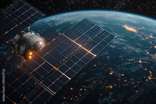 A satellite orbits Earth, showcasing solar panels and illuminated cities below, highlighting technological advancement and our planet