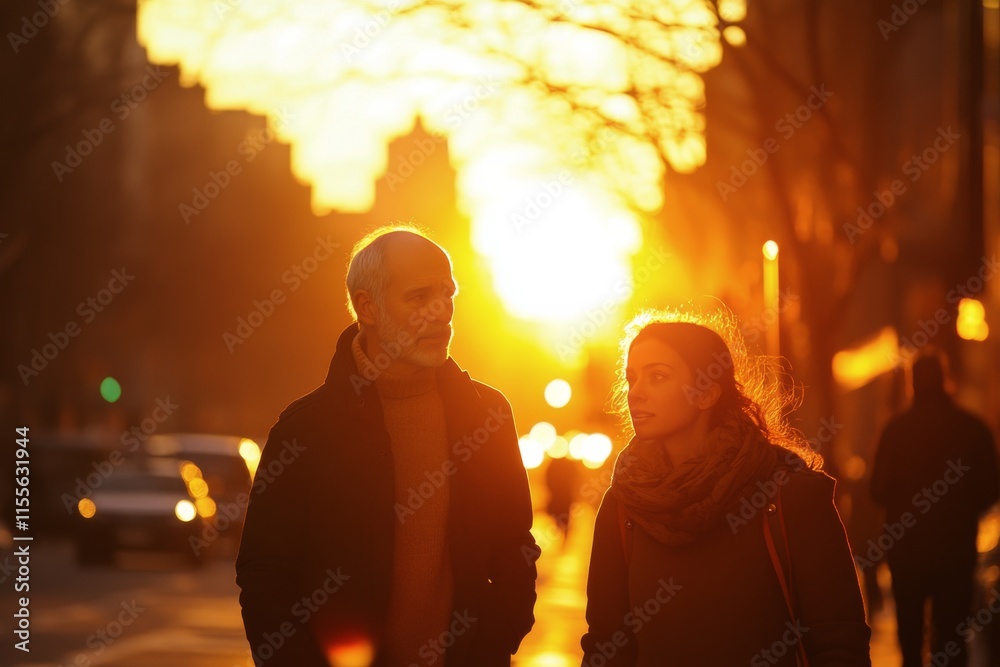 Couple walking hand in hand at sunset in a bustling urban street Couple walking hand in hand at sunset in a bustling urban street