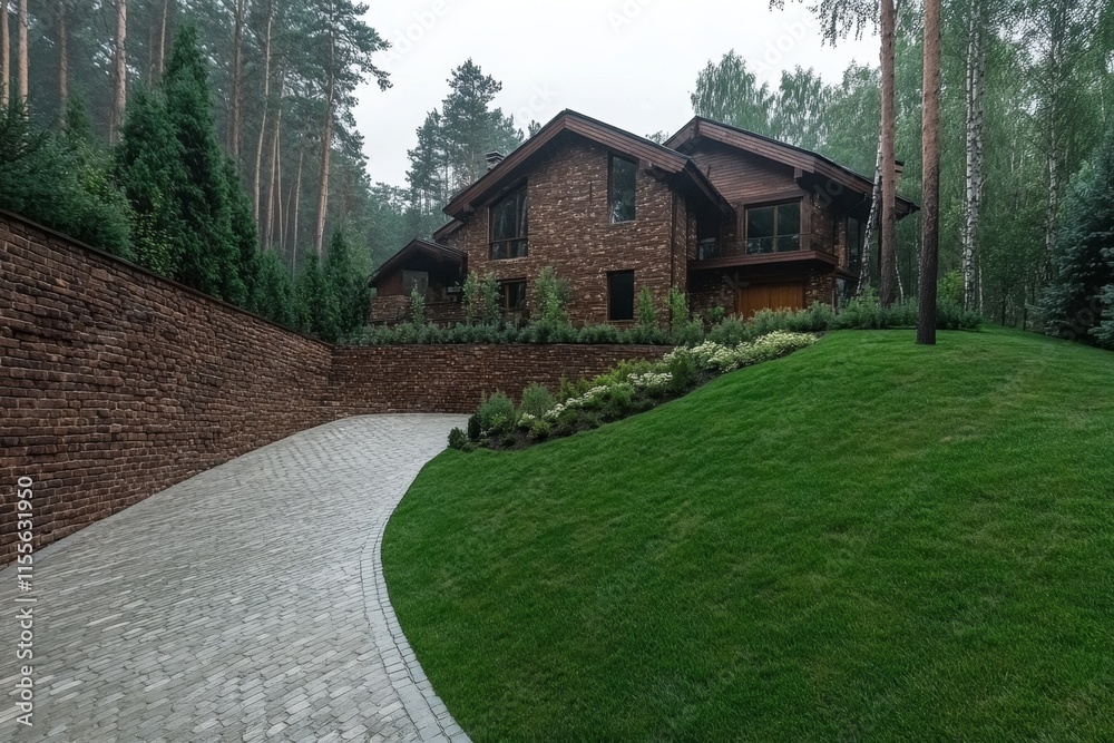 A traditional brick house with a gabled roof, a small garden, and a classic wooden door A traditional brick house with a gabled roof, a small garden, and a classic wooden door