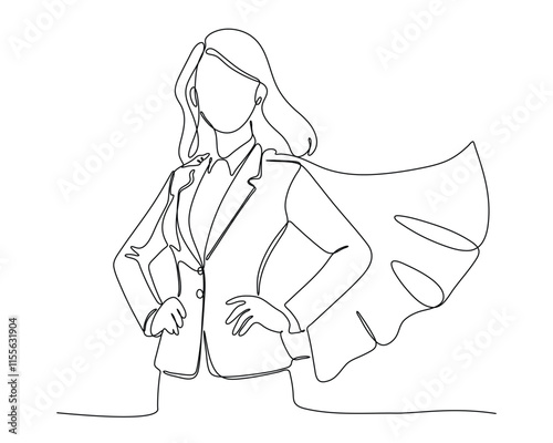 A person wearing a suit and a flowing cape, posed confidently with one hand on the hip. professional attire with superhero motifs, symbolizing empowerment and strength. Continuous line drawing design
