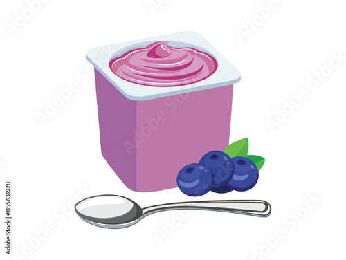 Blueberry yogurt in a plastic cup and spoon vector illustration. Blueberry yogurt plastic cup icon vector isolated on a white background. Fruit yoghurt and fresh blueberries drawing