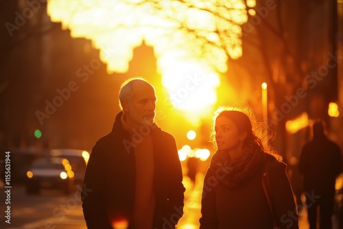 Couple walking hand in hand at sunset in a bustling urban street