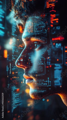 Profile of a young man with abstract data visualization background representi...