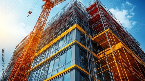 New urban office building under construction in vibrant autumn setting with i...