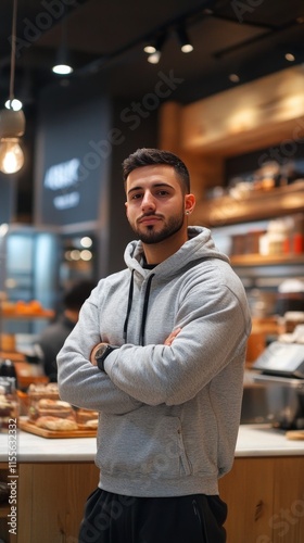 Young man in a cozy cafe displaying confidence and style while surrounded by ...