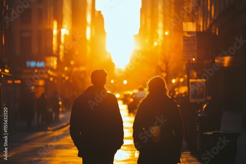 Couple walking hand in hand at sunset in a bustling urban street