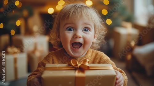 Young child joyfully celebrates with a bright orange gift in cozy indoor sett...