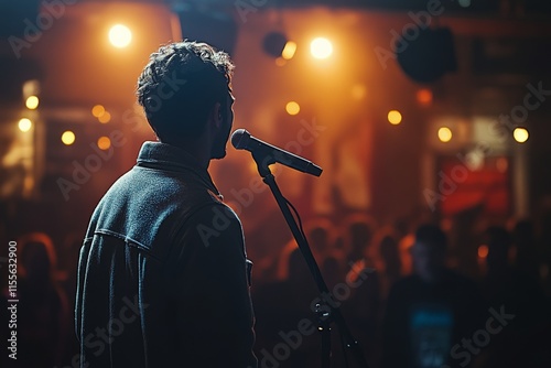 Performer stands near microphone under colorful lights at evening event