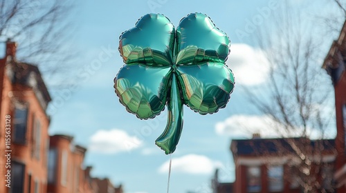 Festive parade with shamrock decorations and lively crowd in vibrant city str...