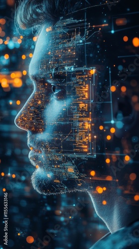 Profile of a young man with abstract data visualization background representi...
