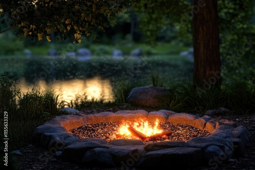 Wallpaper Mural Campfire burning at dusk near a serene lake in a forest. Torontodigital.ca