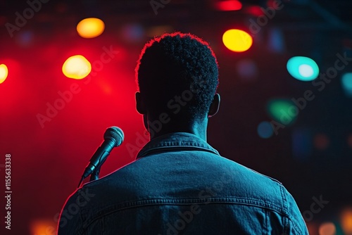 Performer stands near microphone under colorful lights at evening event
