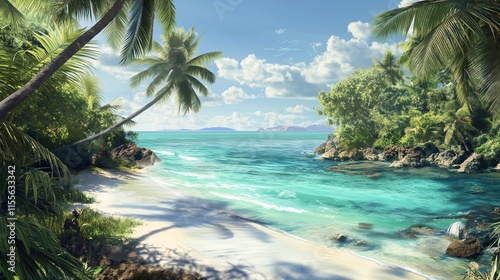 A stunning photoshop painting of a tropical paradise, with a pristine beach, turquoise waters, and lush palm trees swaying in the gentle breeze under a clear sky. 32k, full ultra hd, high resolution -