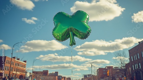 Festive parade with shamrock decorations and lively crowd in vibrant city str...