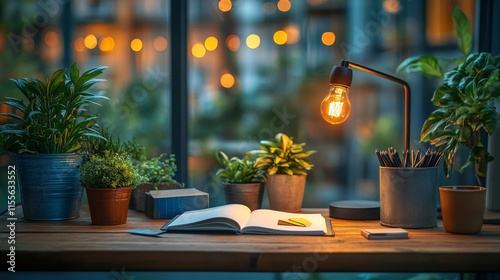 Cozy workspace with laptop and plants during sunset in a bright room