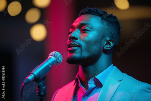 Performer stands near microphone under colorful lights at evening event