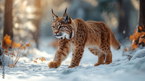 Lynx walking through a snowy forest with sunlight filtering through trees in ...