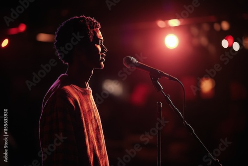 Performer stands near microphone under colorful lights at evening event