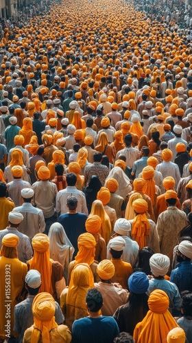 Large crowd wearing orange turbans gathers at a cultural festival in a public...