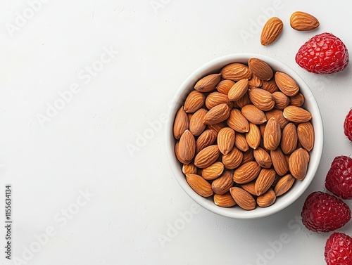 Employee snacking on almonds and fruit, healthy office snack, lightfilled workspace