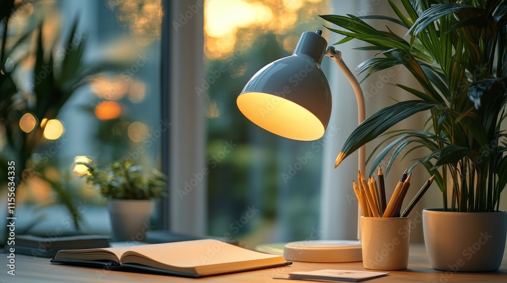 Cozy workspace with laptop and plants during sunset in a bright room Cozy workspace with laptop and plants during sunset in a bright room