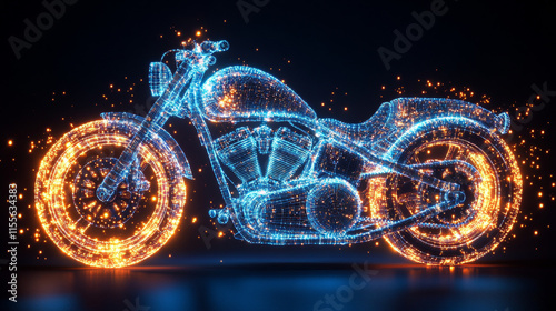 Motorcycle hologram. Holographic projection of a motorcycle. A flickering energy stream of particles. The scientific design of the bike. photo