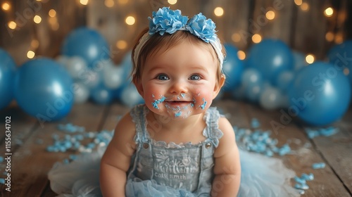 Baby joyfully celebrates birthday with cake and colorful balloons in the back...