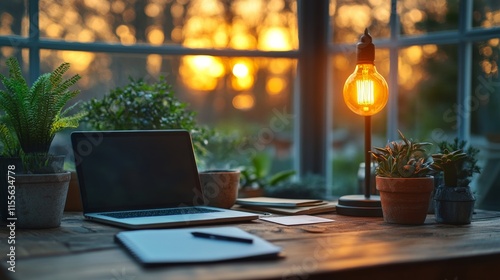 Cozy workspace with laptop and plants during sunset in a bright room