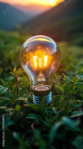 Light bulb glowing among green grass and white flowers at sunset in a serene ...