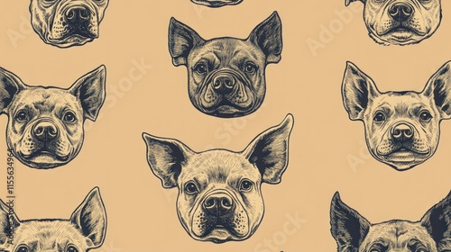 Seamless pattern of French Bulldog heads in vintage style. photo