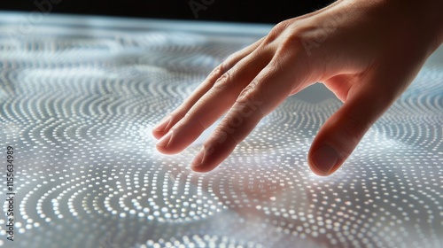  A hand touching a Braille map on a smooth surface with clear dot patterns-