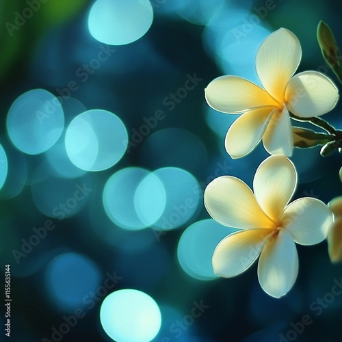 Bright yellow flowers bloom against a shimmering blue background in a tranquil garden setting during the evening hours